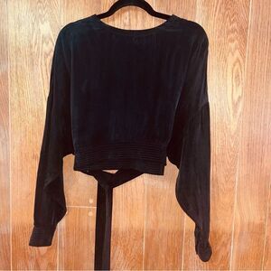 Sally LaPointe Vegan Silk Long Sleeve Blouse Top Black Snap Belted Waist EUC Med